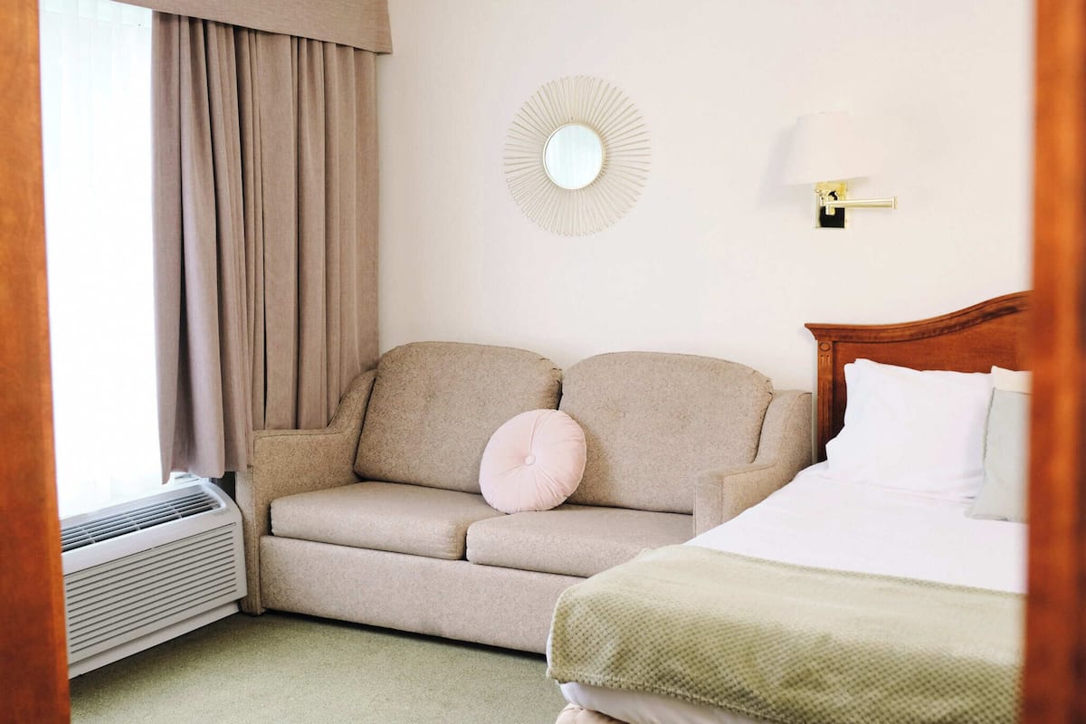 1 bedroom, desk, blackout curtains, iron/ironing board