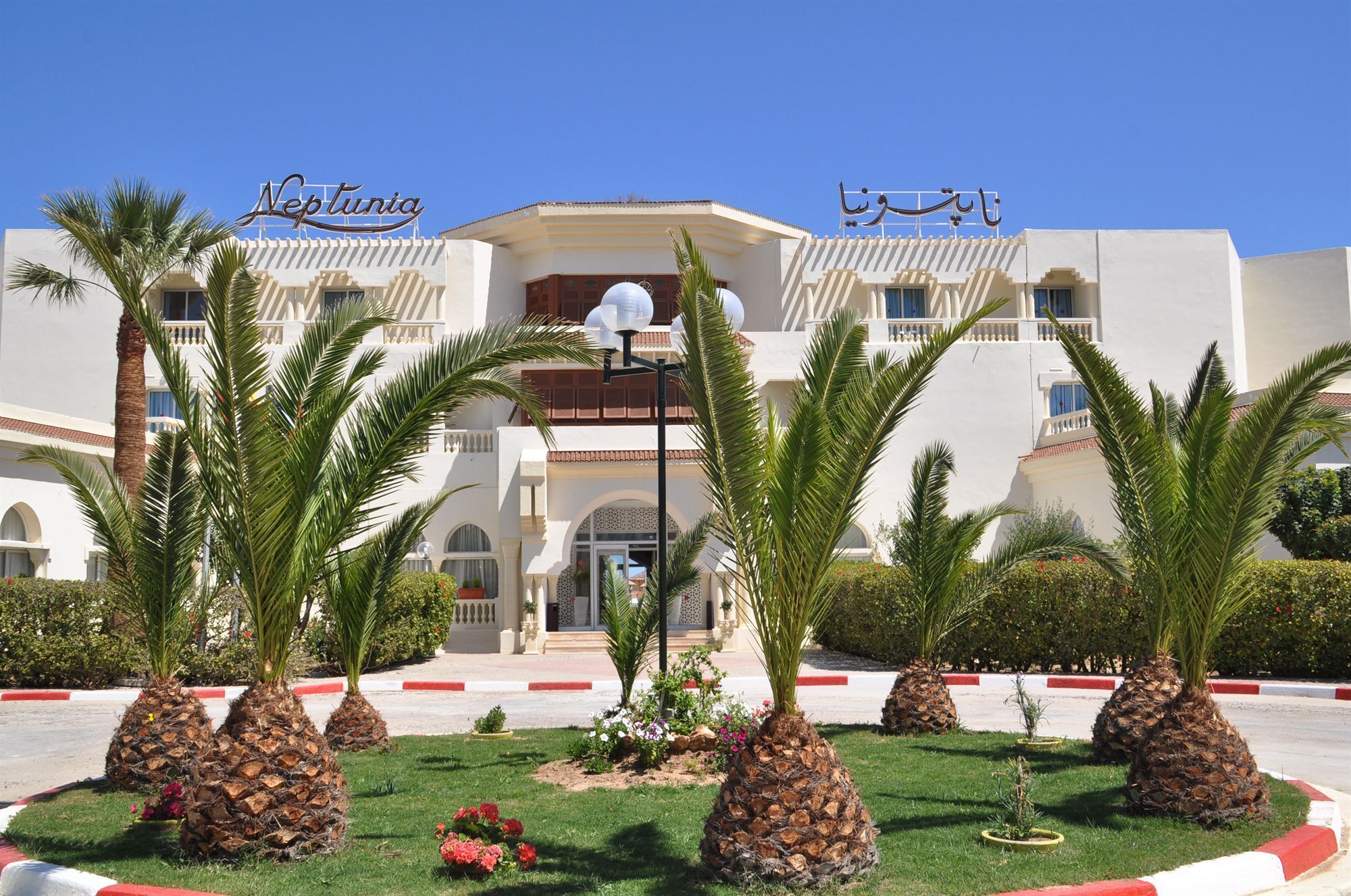 A hotel with a white facade, palm trees in the foreground, and signage in English and Arabic.