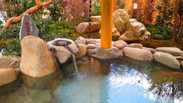 Stroll across the wooden bridge to a serene pond with a small waterfall and lush surroundings.