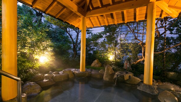 A hot spring area with wooden pillars, rocks, and a wooden roof structure. - Mutsumikan (Gero)