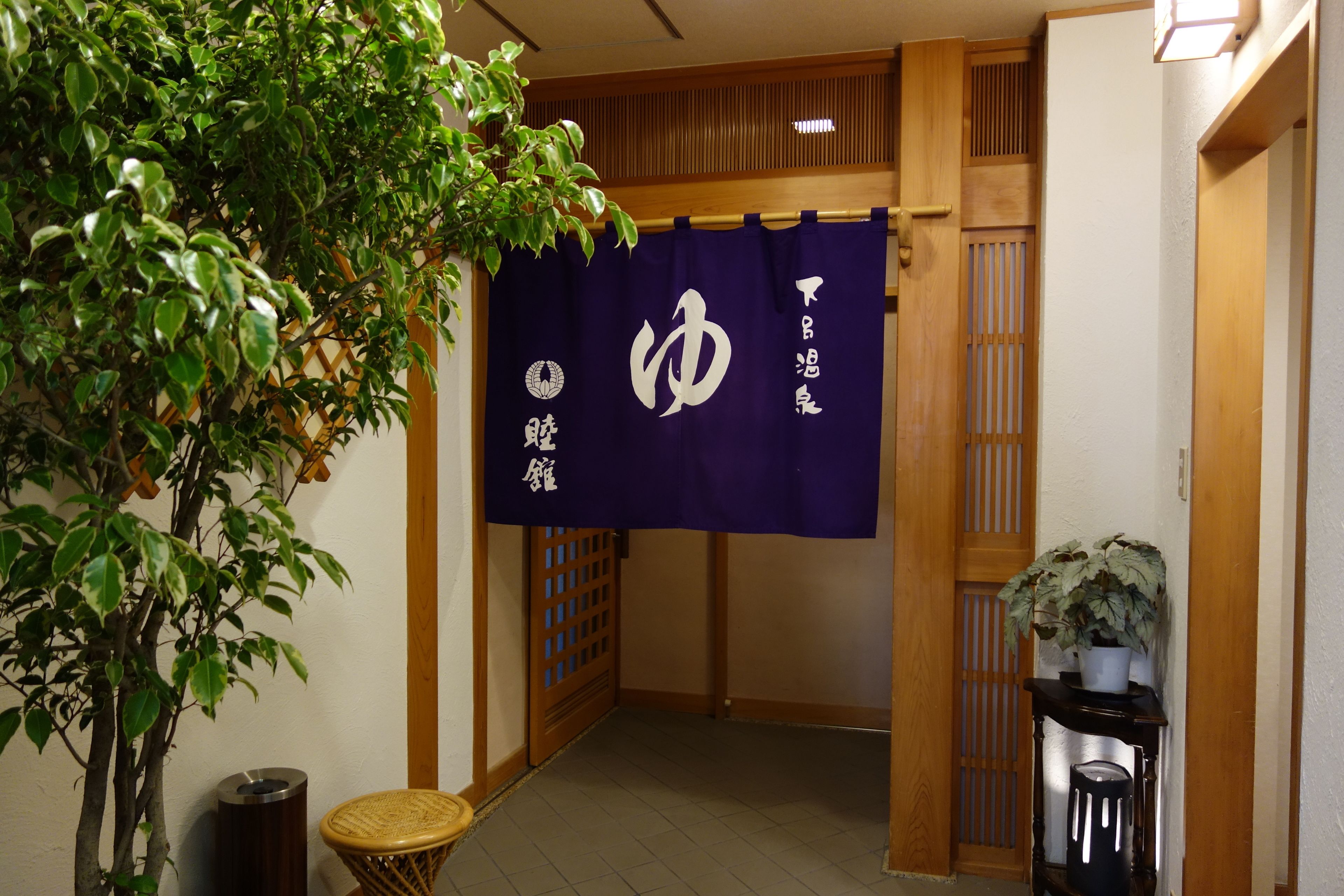 Un intérieur japonais traditionnel avec un sol recouvert de tatamis, une porte coulissante de type shoji et un rideau violet suspendu orné de caractères japonais blancs.