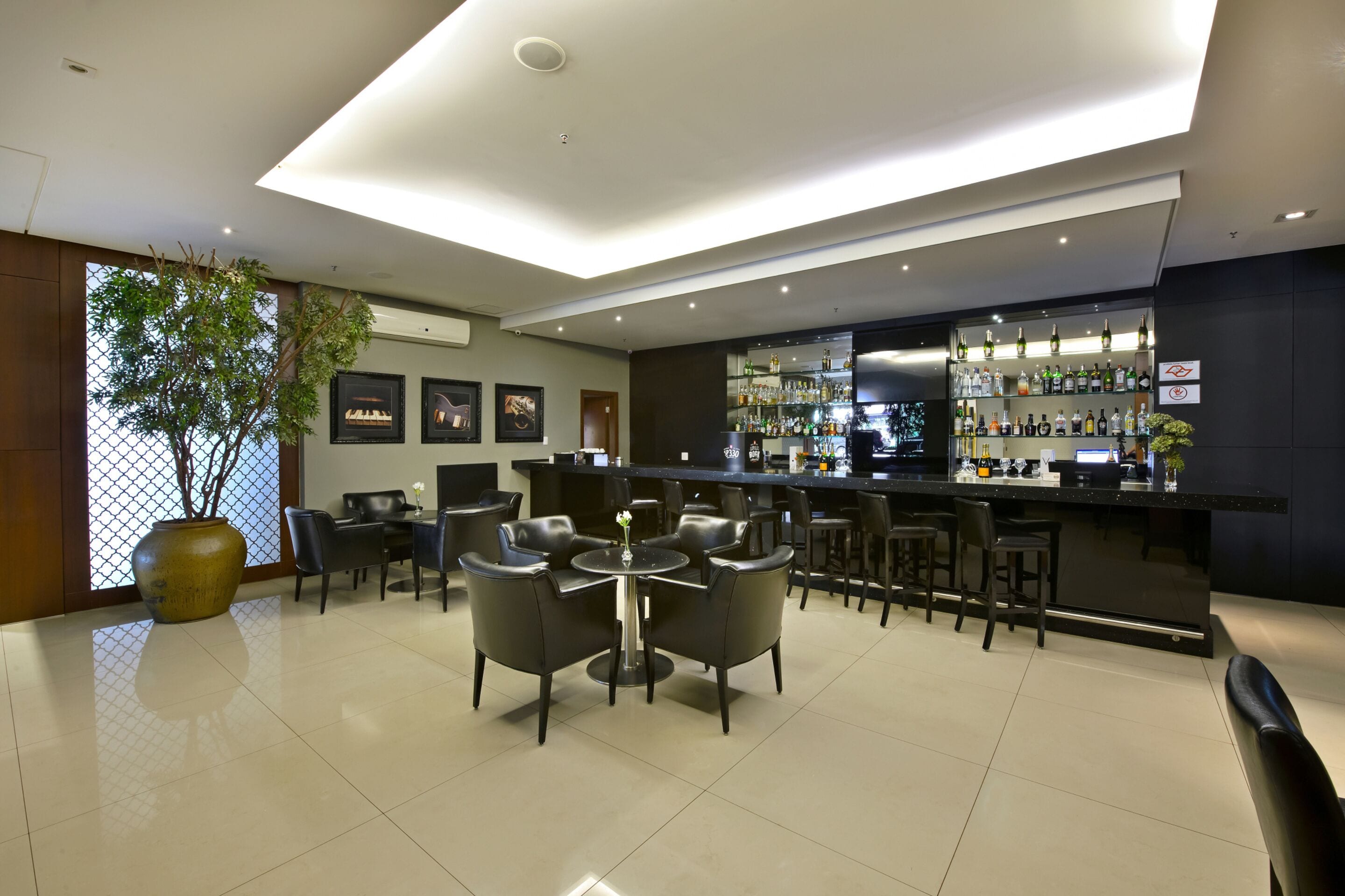 Un área de bar moderna con mostrador, asientos y una planta grande en maceta.