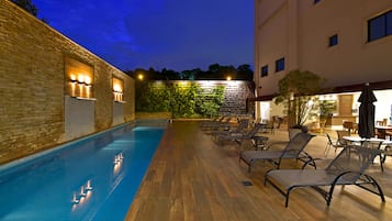 Outdoor pool, open 6:00 AM to 6:30 PM, pool umbrellas, sun loungers