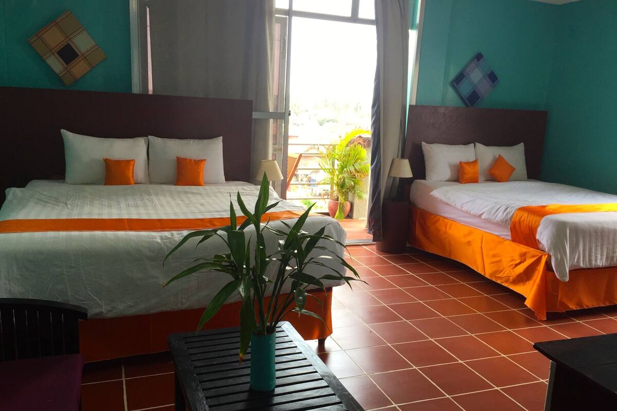A hotel room with two beds, a potted plant, and a view of the outdoors.