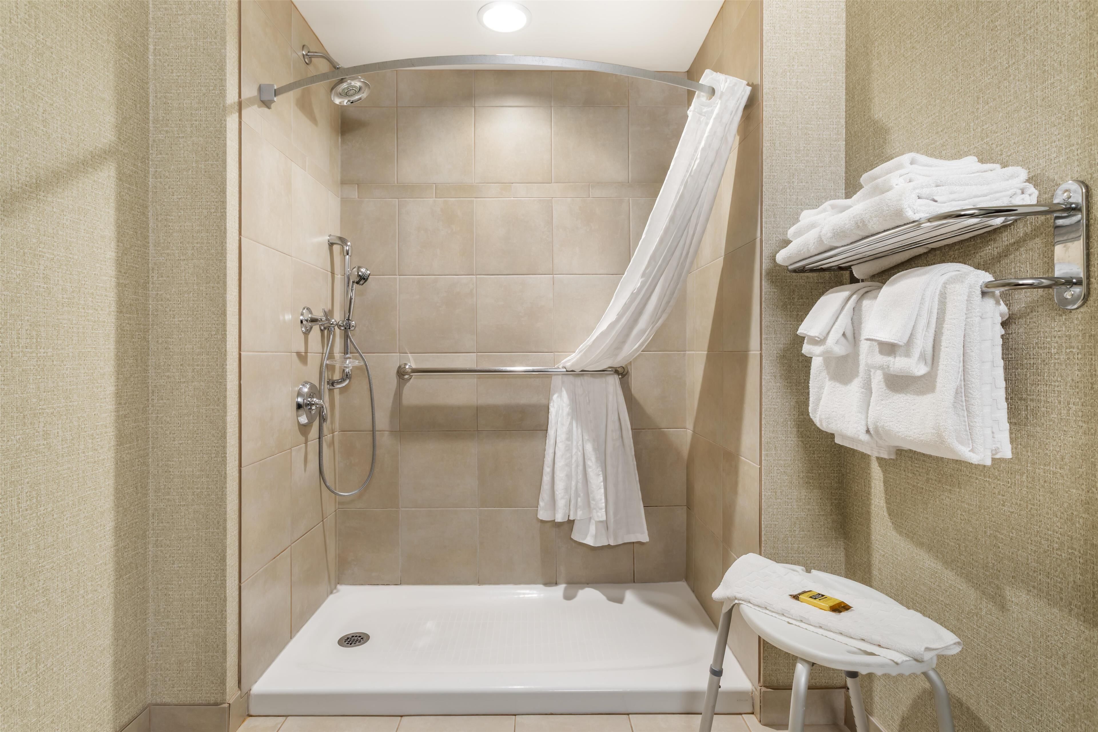 standard room, 1 king bed, accessible, refrigerator & microwave | bathroom | combined shower/bathtub, free toiletries, hair dryer, towels