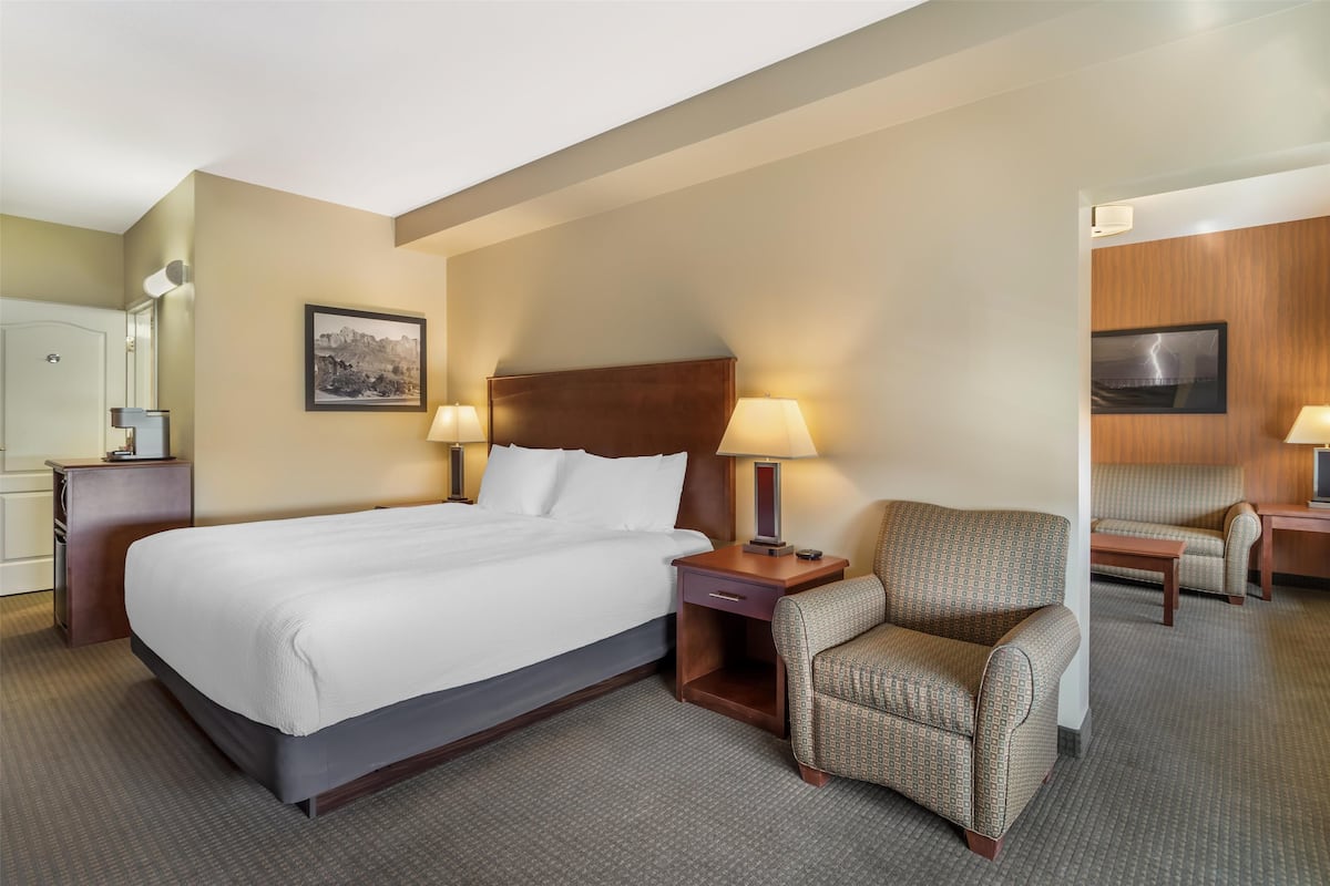A hotel room with a large bed, two bedside tables with lamps, a chair, and a television on a wooden wall.