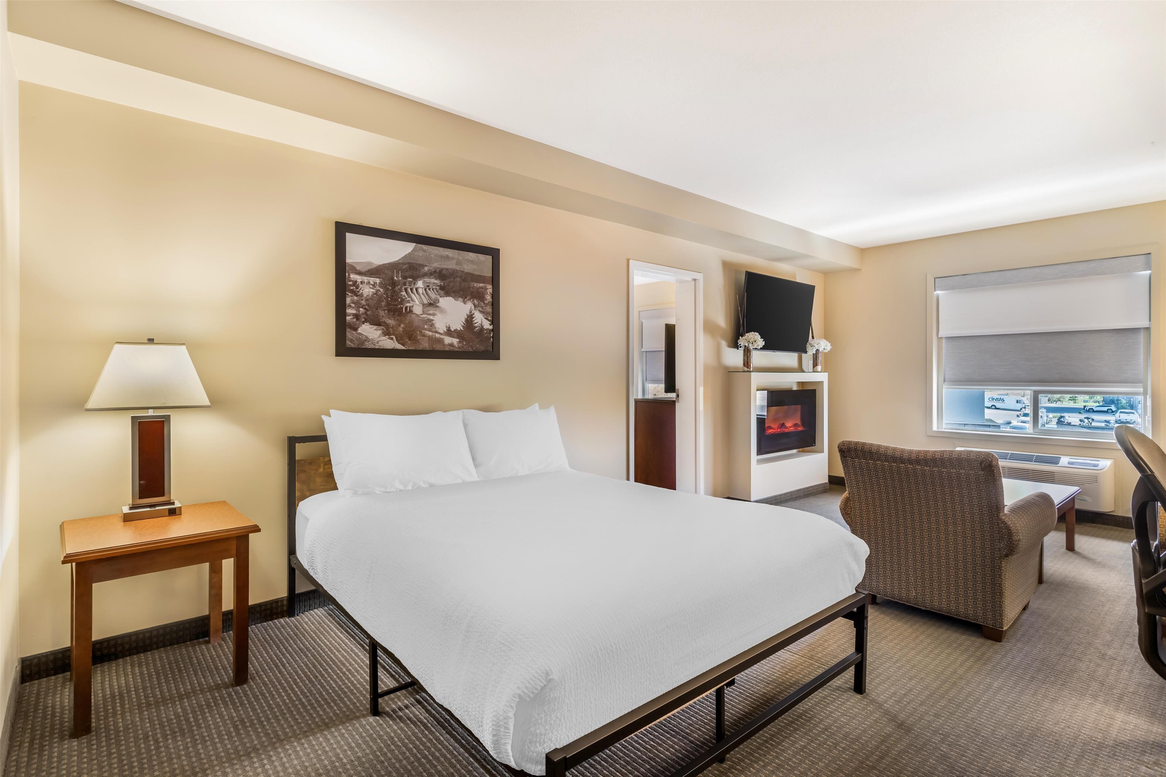 premium bedding, desk, laptop workspace, blackout curtains