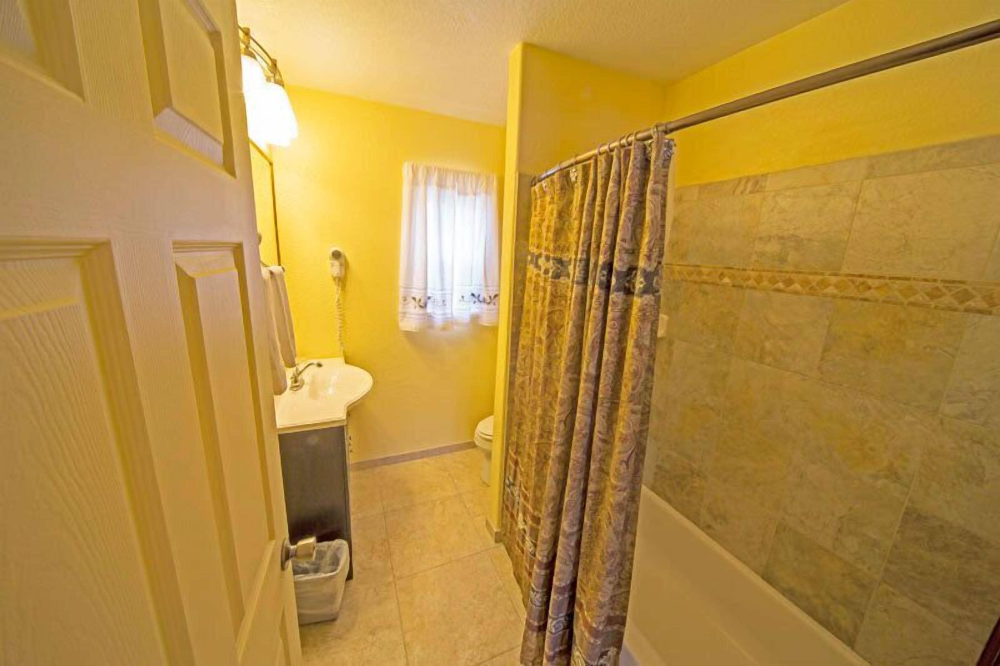 A bathroom with a shower curtain, a toilet, and a sink.