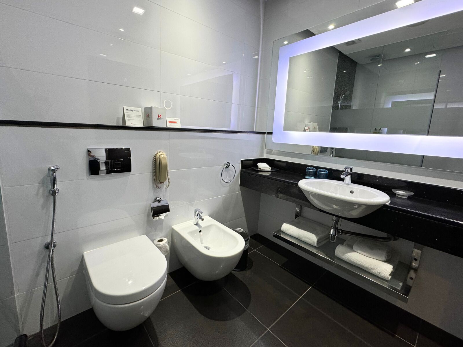 deluxe king room | bathroom | shower, rainfall showerhead, free toiletries, hair dryer