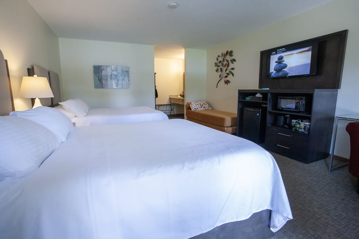 Habitación de hotel con dos camas, televisión, escritorio y microondas.