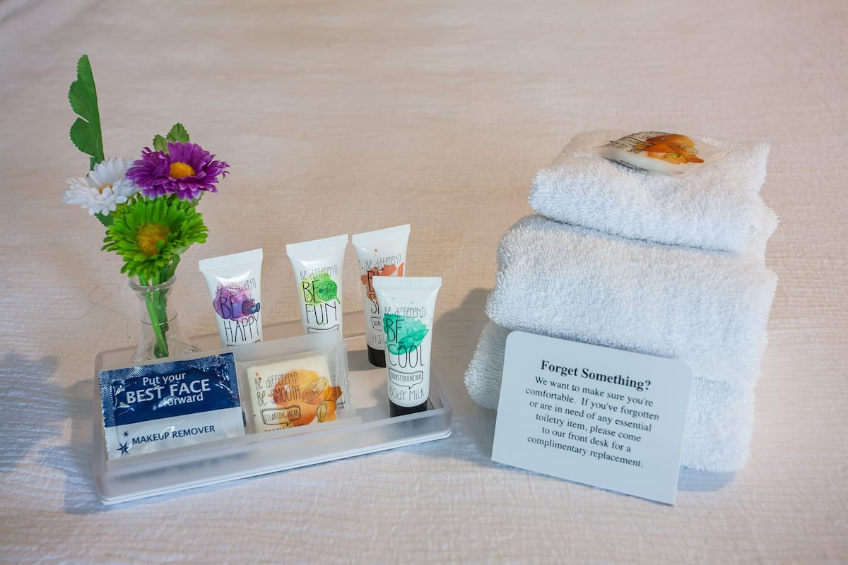 combined shower/bathtub, designer toiletries, hair dryer, towels