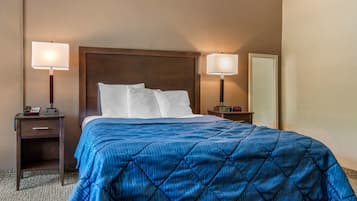 A hotel room with a large bed, two bedside tables, and two wall-mounted lamps.