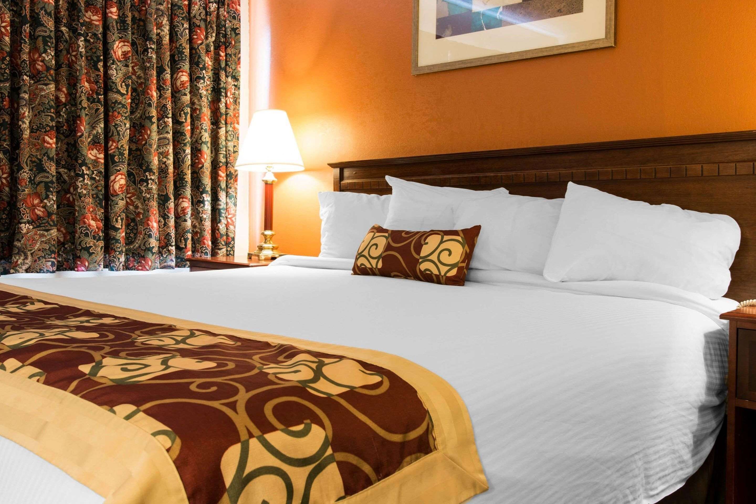 Ein Hotelzimmer mit einem großen Bett, weißer Bettwäsche, einer gemusterten Tagesdecke und einem Nachttisch mit einer Lampe.