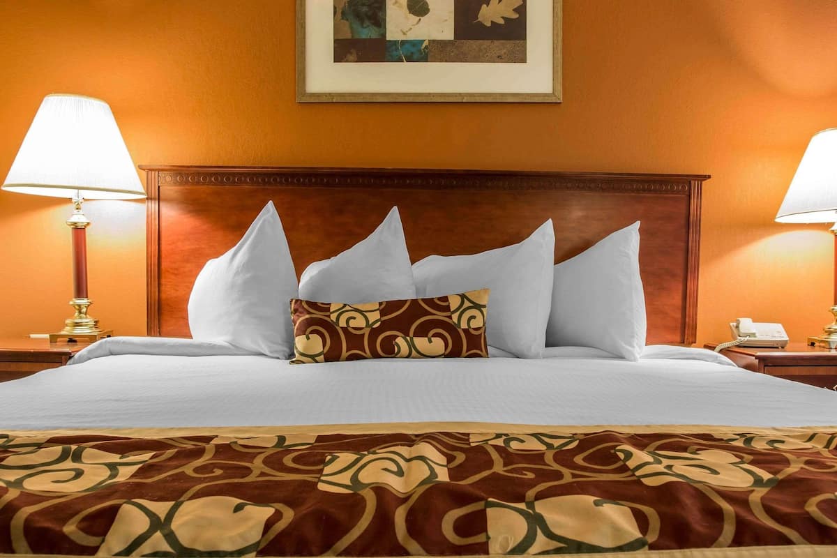 A neatly made bed with white linens and a patterned throw blanket, flanked by two bedside lamps and a framed artwork on the wall.