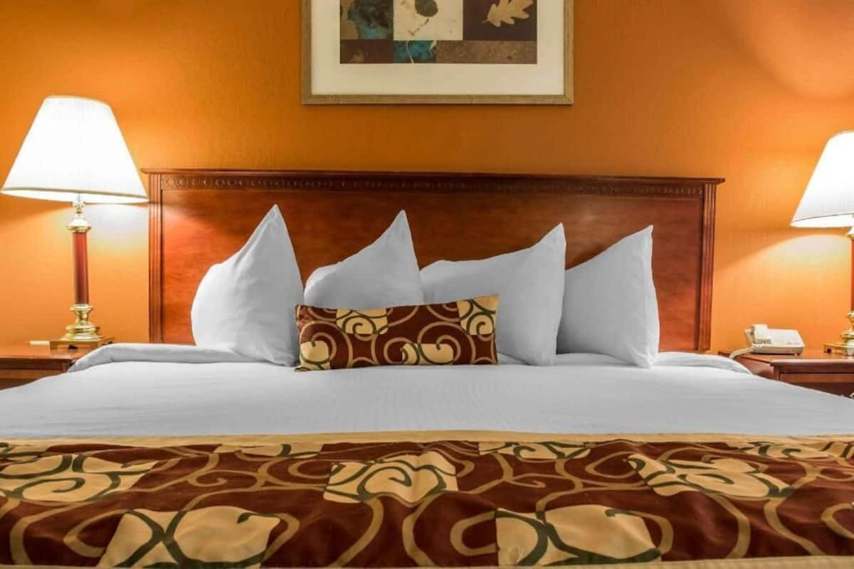 A hotel room with a large bed, two bedside lamps, a framed artwork on the wall, and a patterned bedspread.