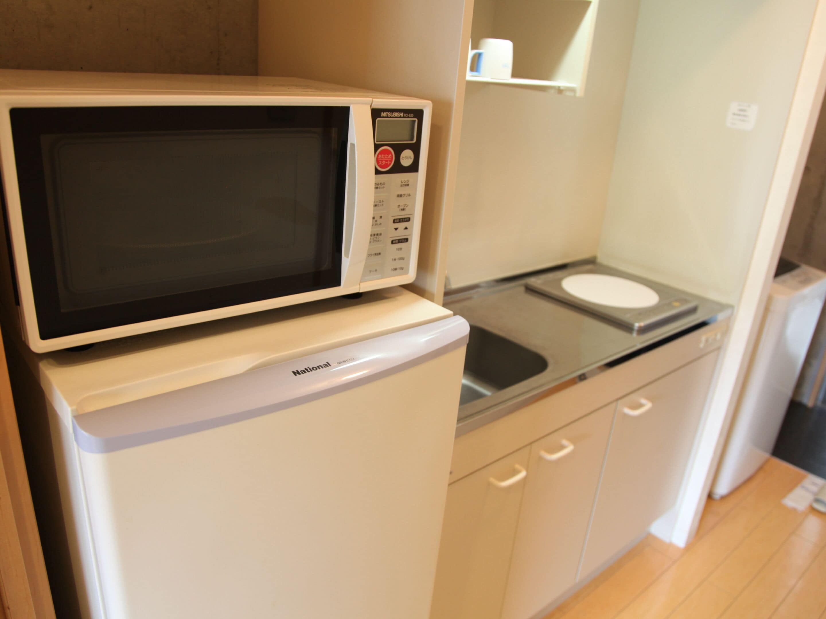 fridge, microwave, electric kettle