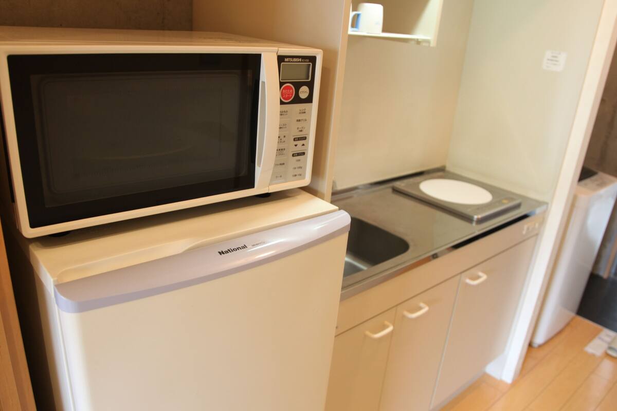 fridge, microwave, electric kettle