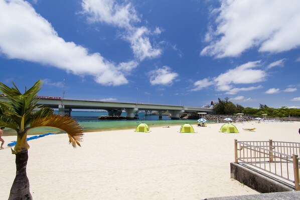 A beach with tents, a palm tree, and a bridge in the background.