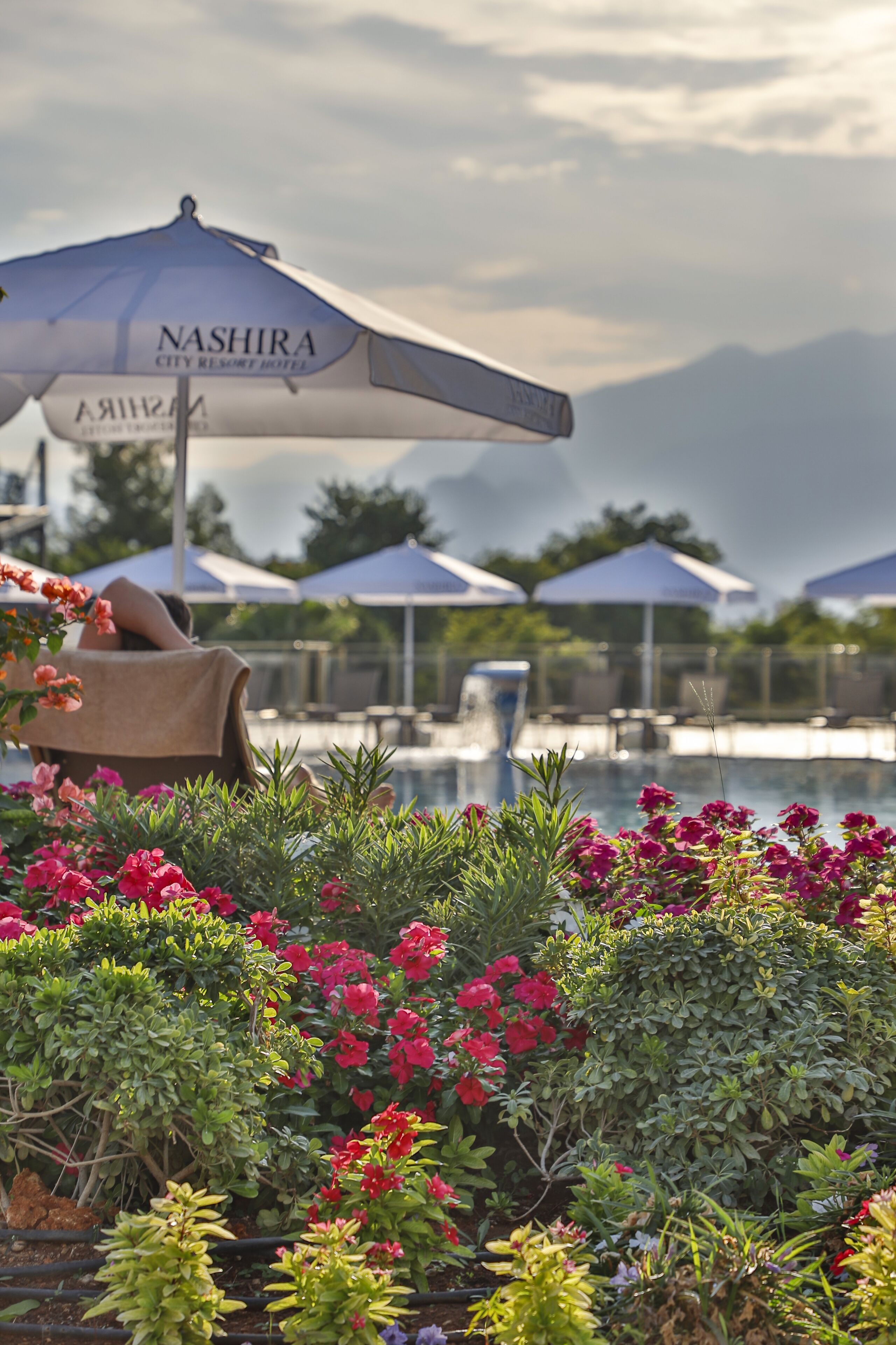 Ett område vid poolen med en solstol under ett parasoll med texten ”Nashira City Resort Hotel”, omgivet av frodig grönska och färgstarka blommor.