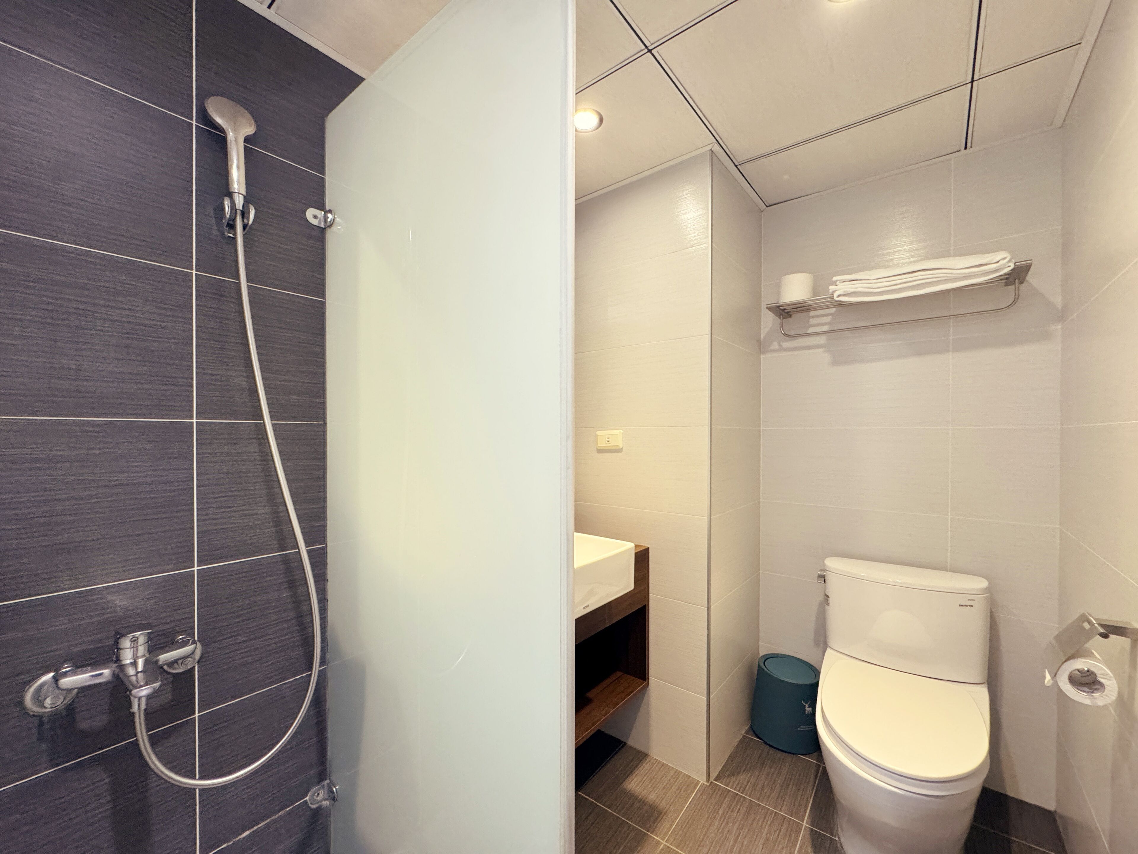 Un baño con ducha, inodoro y lavabo.