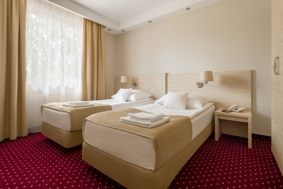 Habitación de hotel con dos camas, cabecera de madera, mesita de noche con lámpara y alfombra roja estampada.