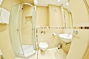 Shower, free toiletries, hair dryer, towels