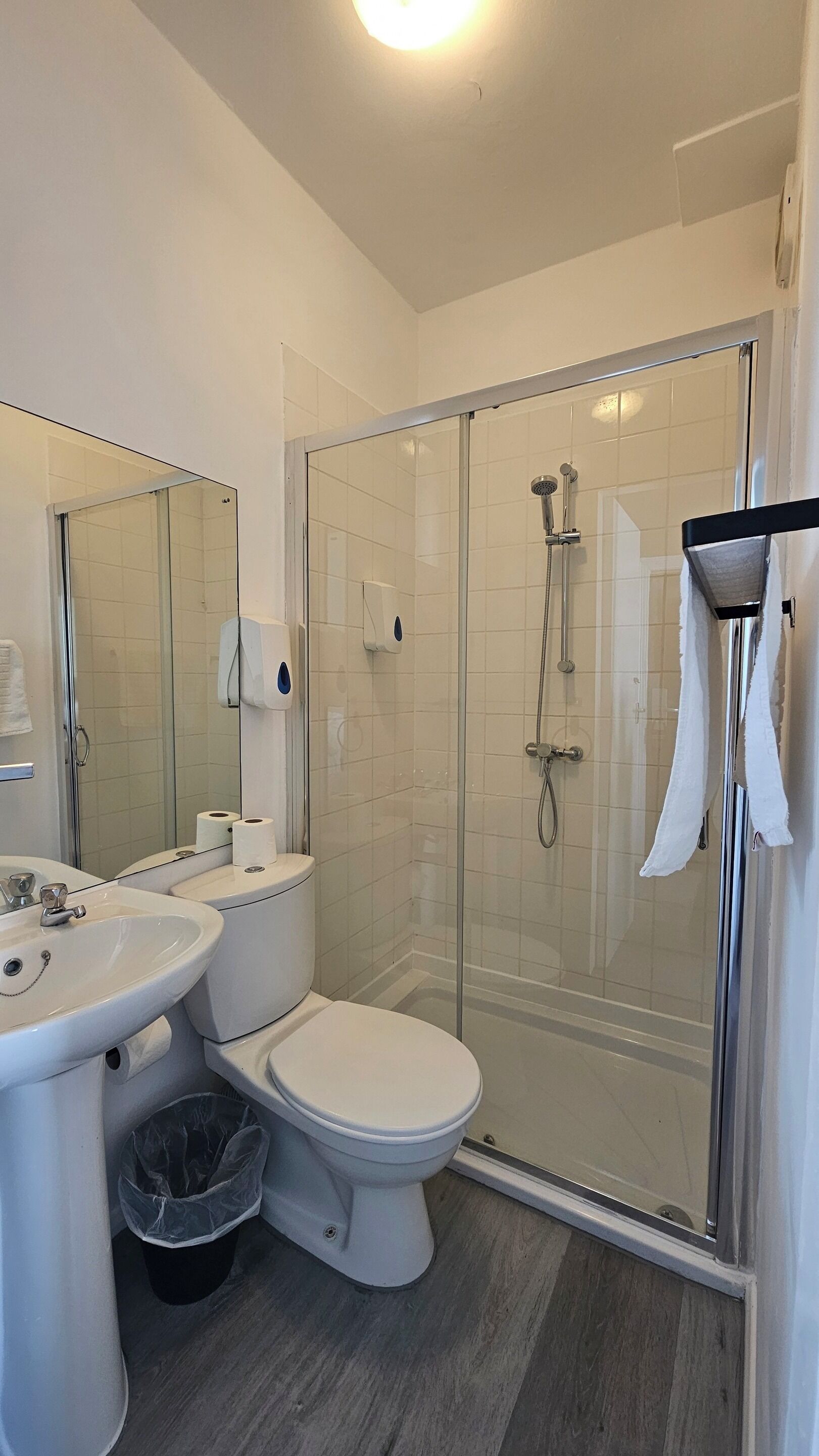 A modern bathroom with a glass-enclosed shower, a white sink, and a toilet.