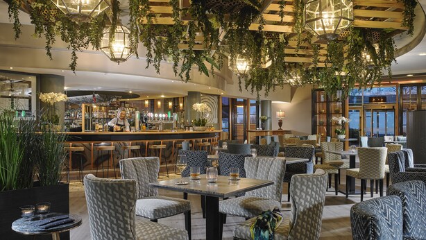 Un restaurante con plantas colgantes, techo de madera y zona de bar.