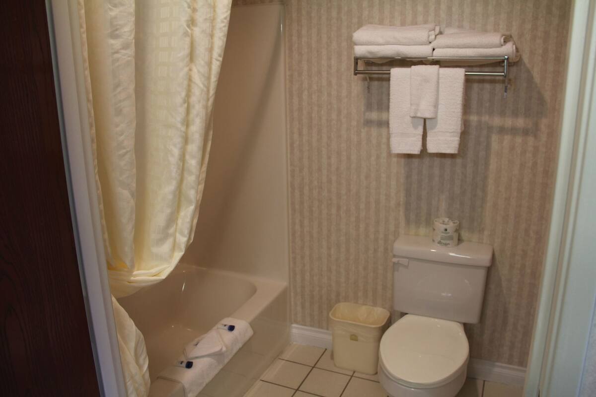 A bathroom with a bathtub, toilet, and a towel rack.