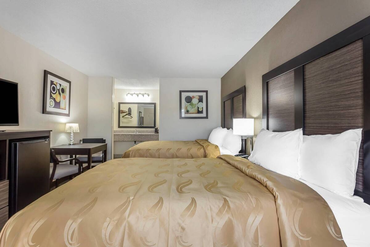 A hotel room with a large bed, a desk, a chair, a TV, and artwork on the walls.