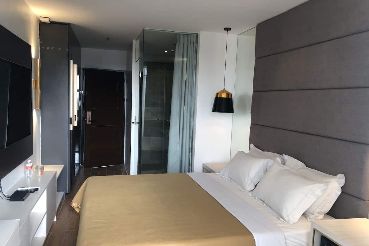 A modern hotel room with a large bed, a bedside table, a TV, and a glass shower enclosure.