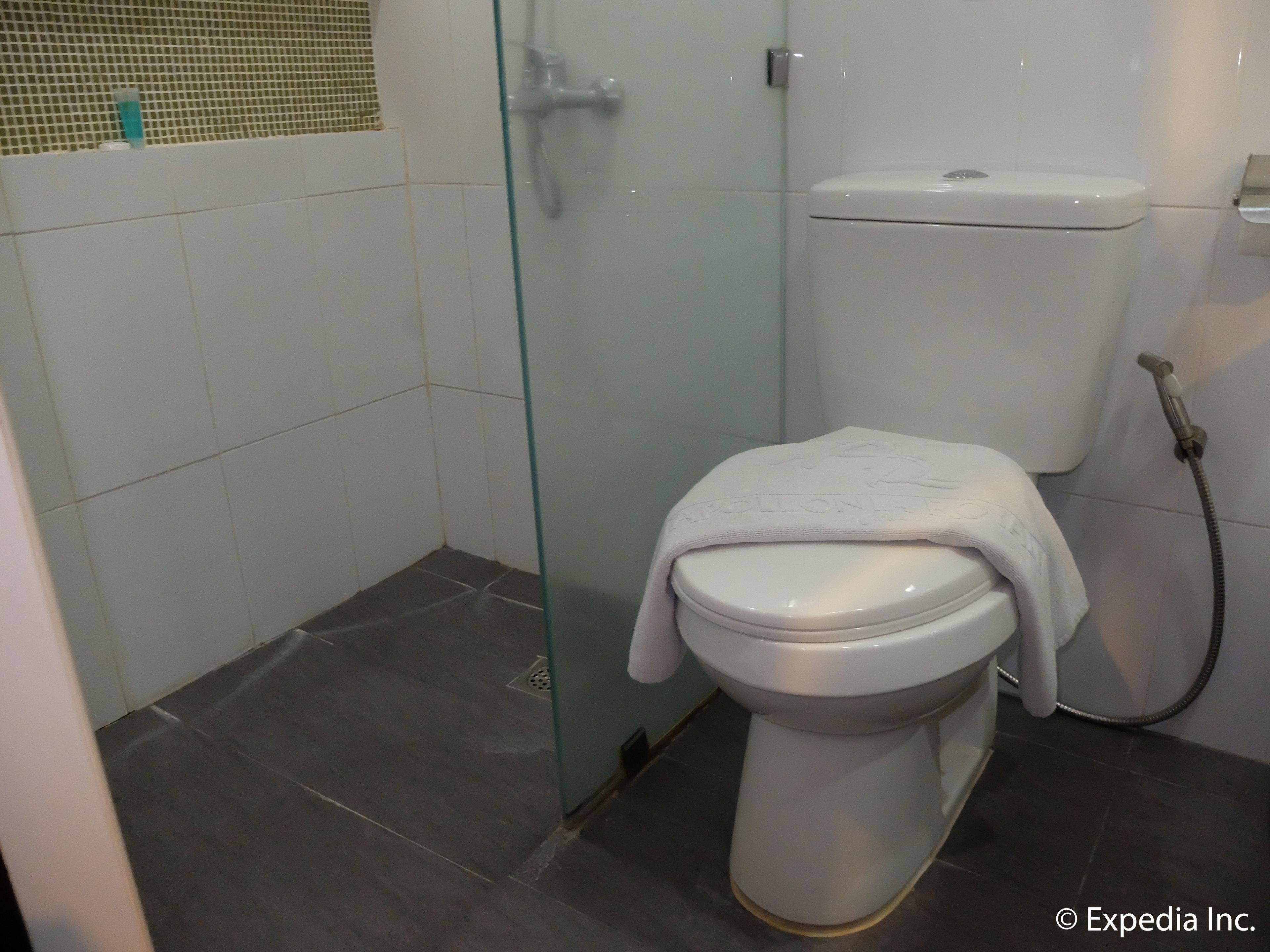 A bathroom with a toilet, a glass shower enclosure, and a tiled floor.