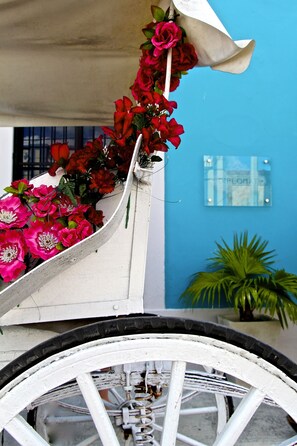 A wheelchair with a floral arrangement on the backrest, a blue wall, and a sign with the word "DIPLOMAT" in the background. - The Diplomat Boutique Hotel (Mérida)