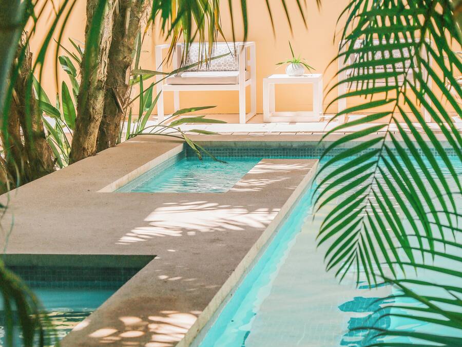 Una piscina con superficie de agua cristalina, rodeada de palmeras y una estructura blanca con una planta en la parte superior.