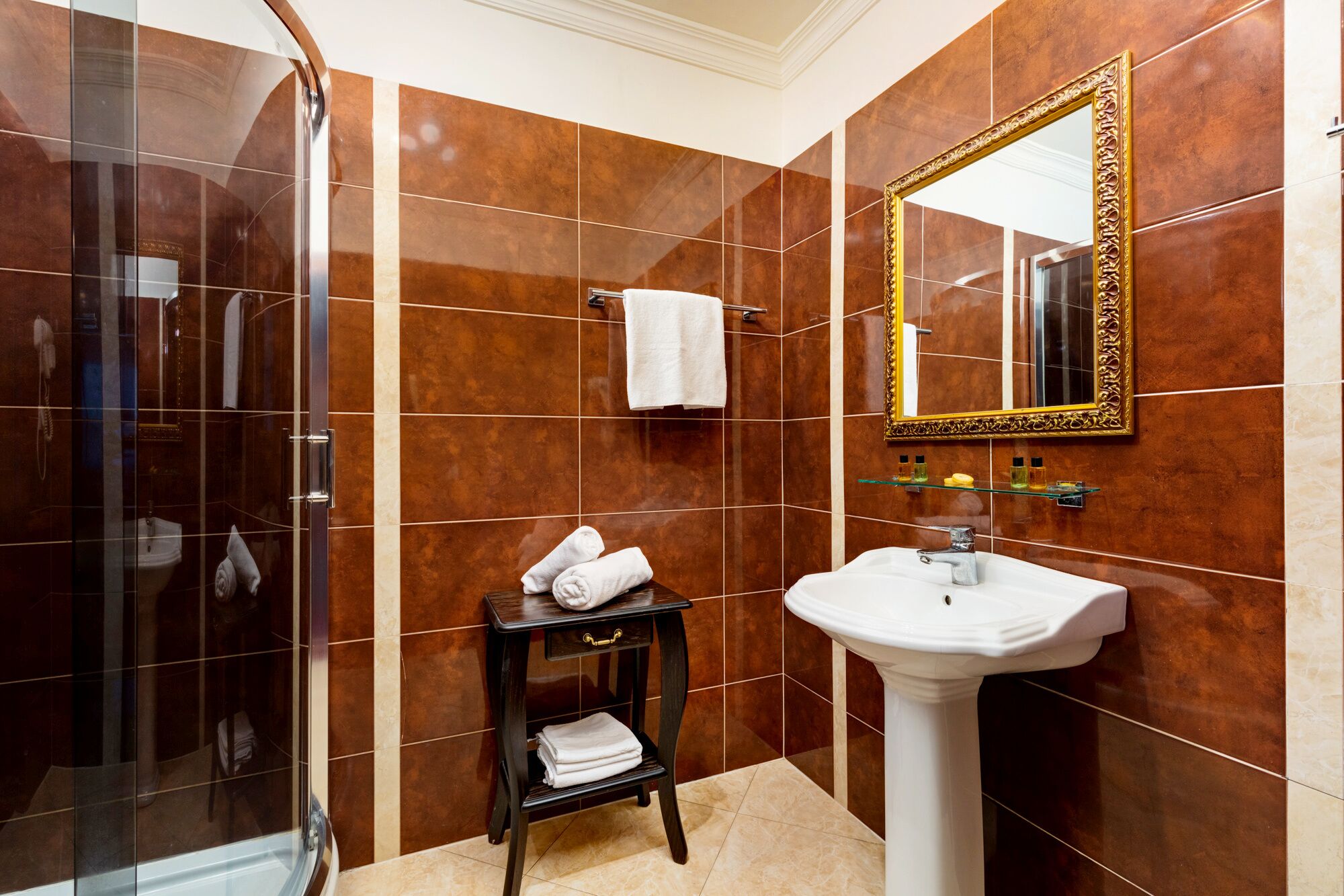 shower, hair dryer, bathrobes, slippers