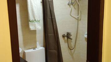 Shower, free toiletries, hair dryer, towels