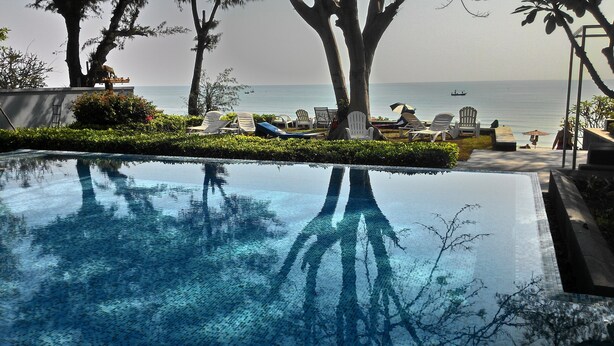 Vista despejada de una piscina con sillas de descanso y sombrillas, rodeada de árboles y con vista al mar.