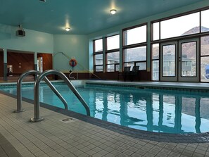 An indoor swimming pool with clear blue water, a metal ladder, and large windows offering a view of the surrounding landscape.