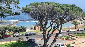 A coastal view with a tree-lined promenade, a parking area, and a view of the sea.