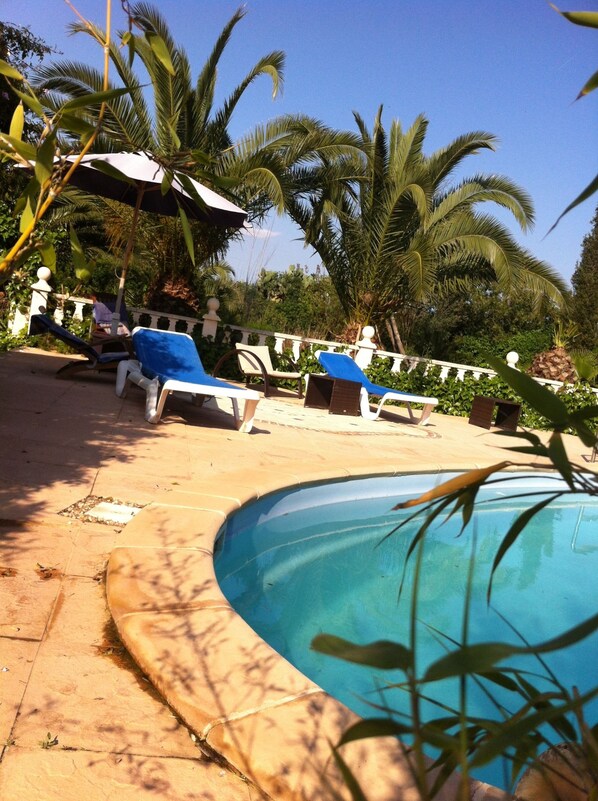 Outdoor pool, pool umbrellas, sun loungers