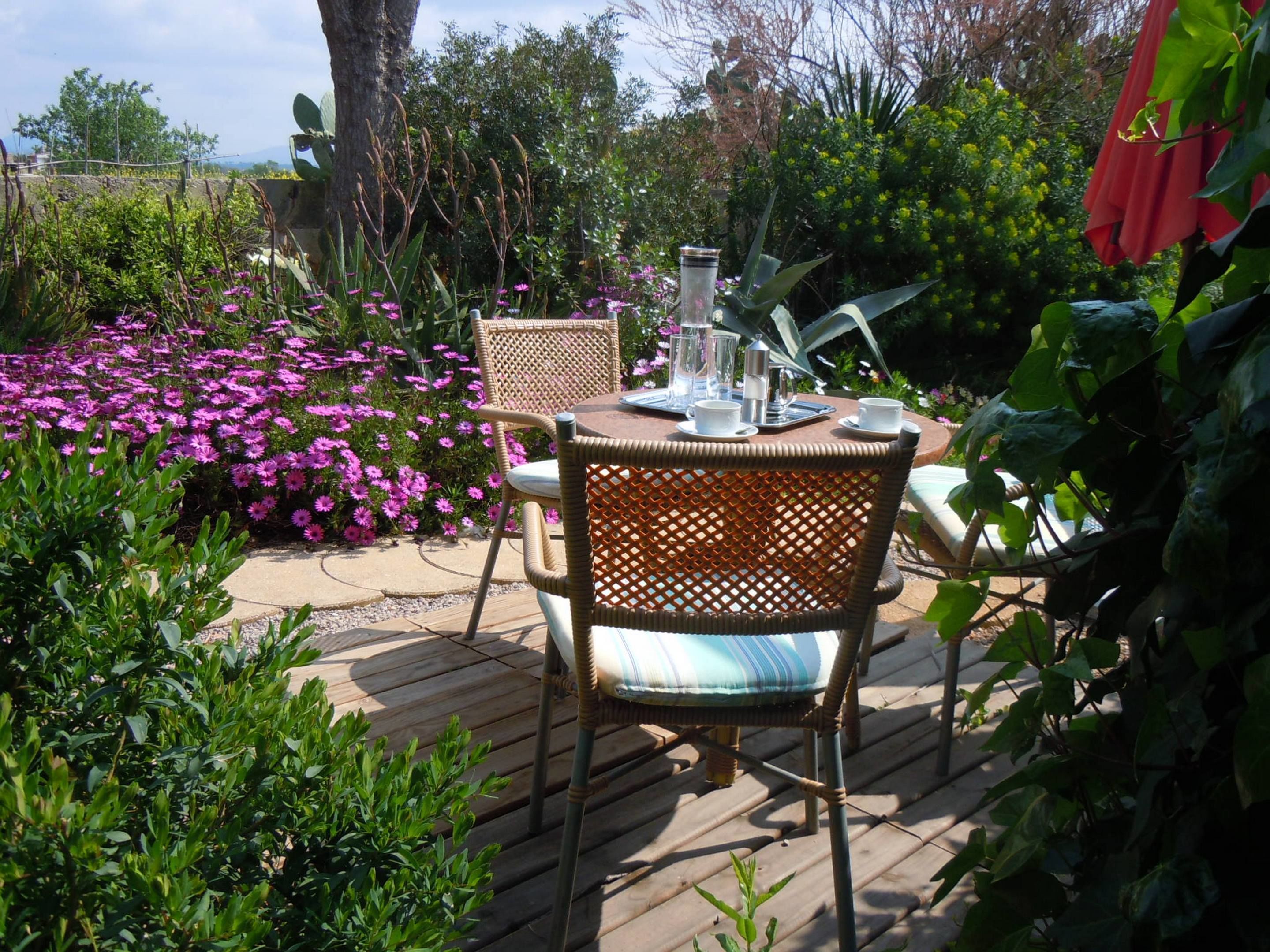 Une terrasse extérieure aménagée avec des meubles en osier, une table dressée avec des tasses et un pichet, le tout entouré de fleurs et de plantes luxuriantes.