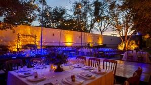 An outdoor dining area with tables set for a meal, surrounded by trees and illuminated by string lights. - Hotel Boutique Hacienda del Gobernador (Colima)