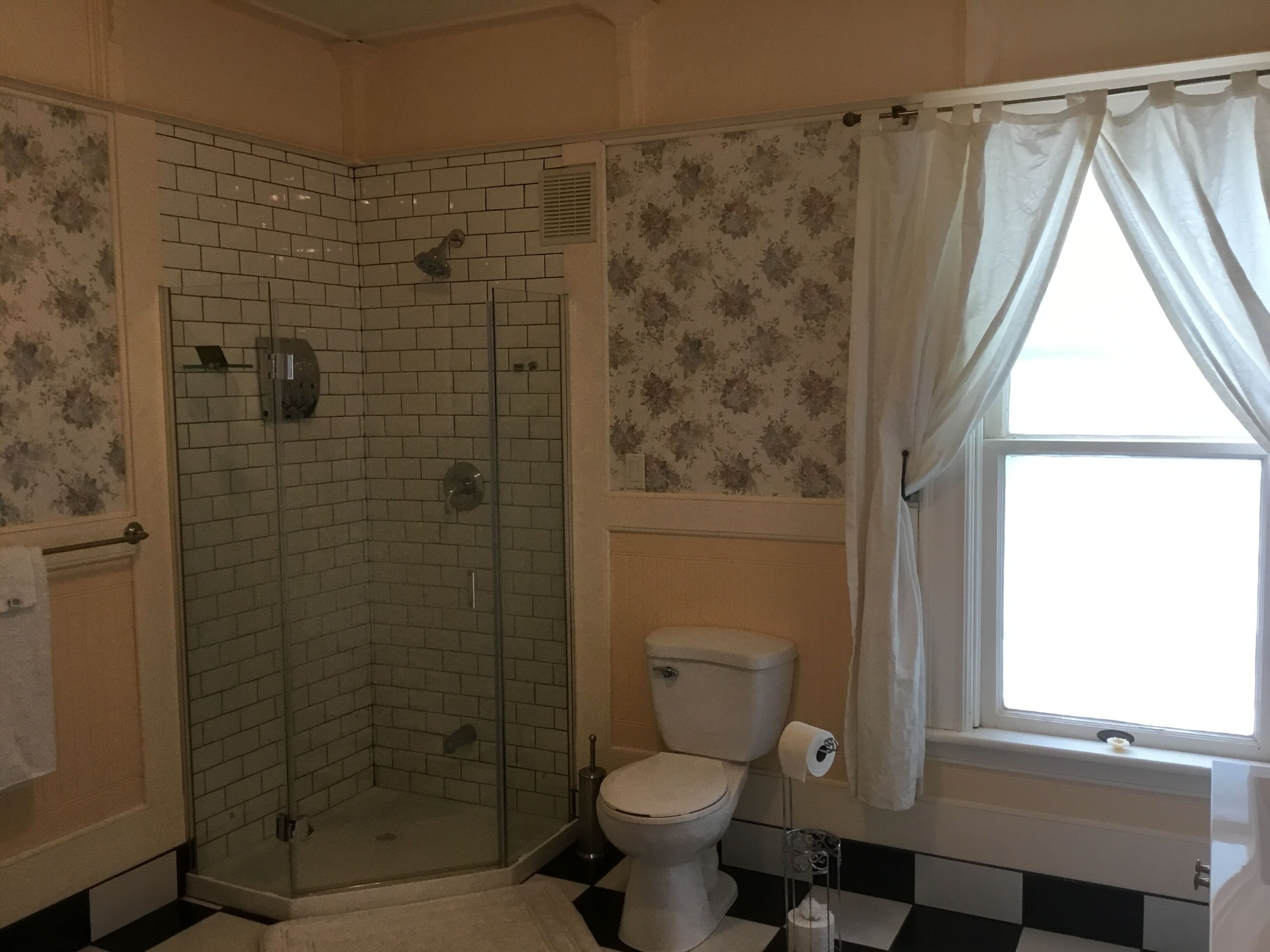 Une salle de bain avec une douche à parois de verre, des toilettes et une fenêtre avec des rideaux.