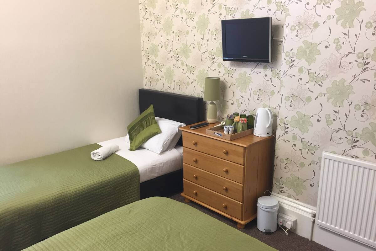 Una habitación de hotel con dos camas individuales, un aparador de madera, un televisor, un radiador y un cubo de basura.
