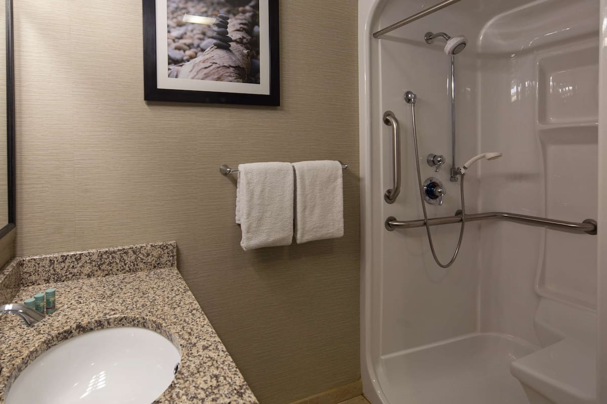 standard room, 2 queen beds, accessible, non smoking (walk-in shower;pet friendly) | bathroom | separate bathtub and shower, free toiletries, hair dryer, towels