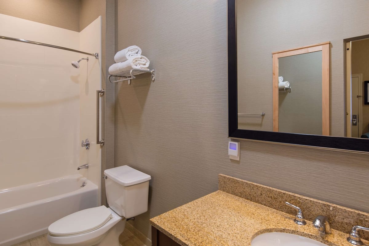 separate bathtub and shower, free toiletries, hair dryer, towels