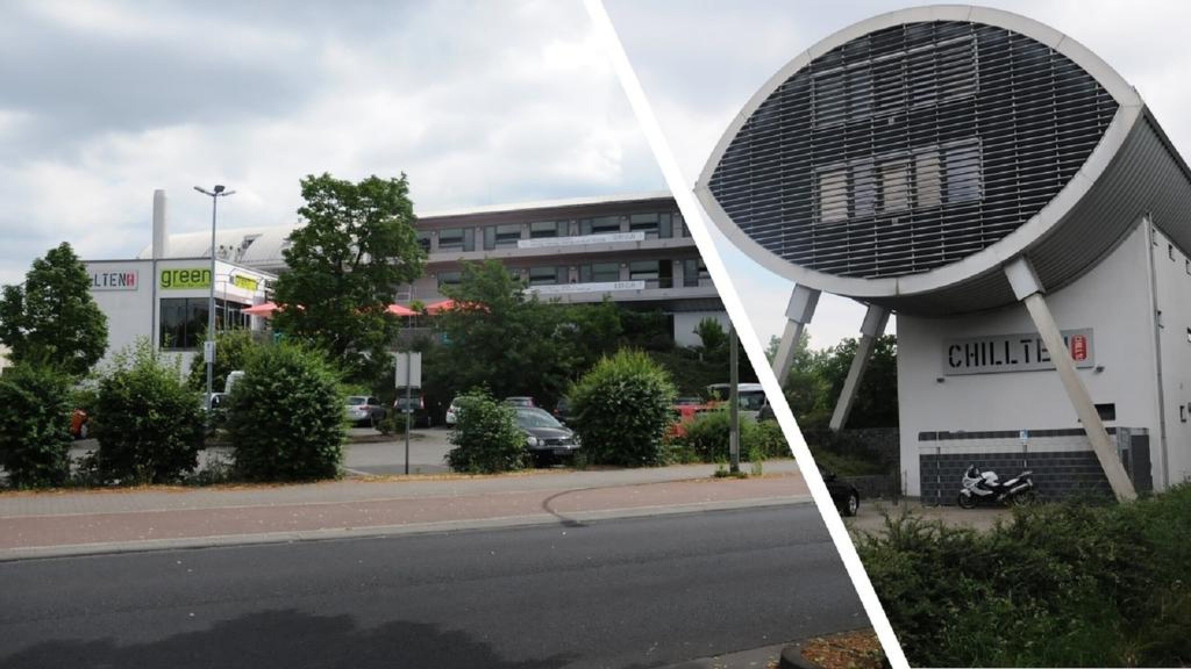 Ein Gebäude mit modernem Design, das sich durch eine große, runde Struktur auf der rechten Seite auszeichnet.