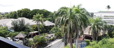 A residential area with houses, palm trees, and a street.