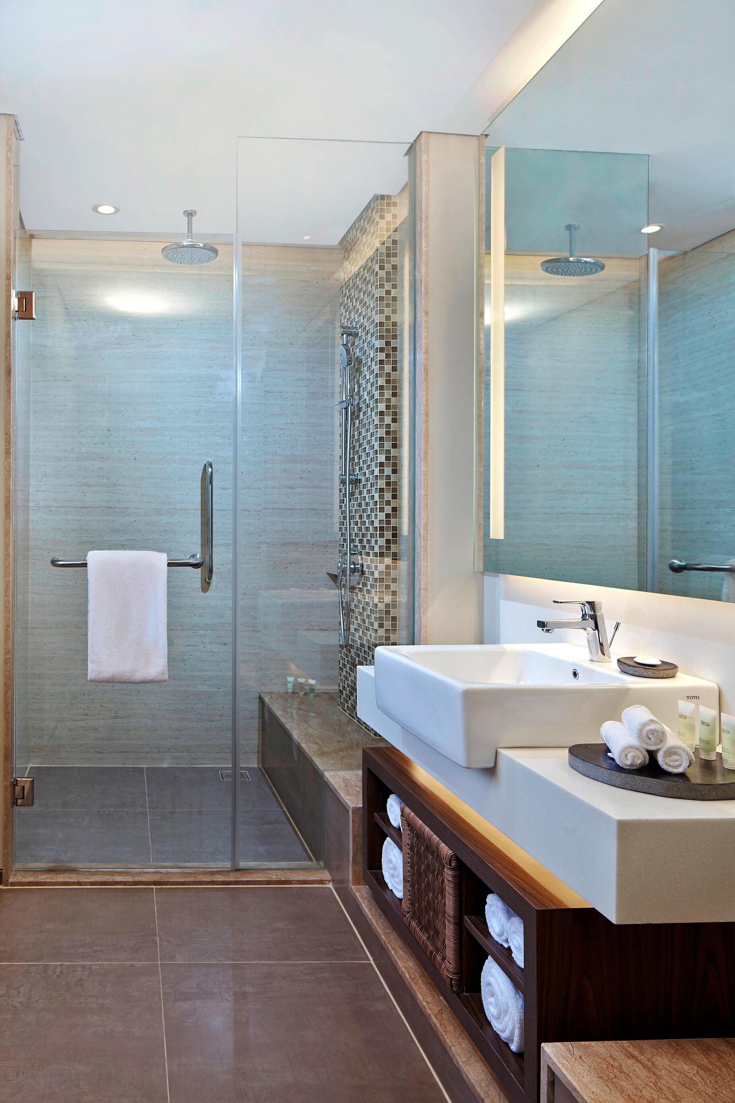 shower, rainfall showerhead, designer toiletries, hair dryer