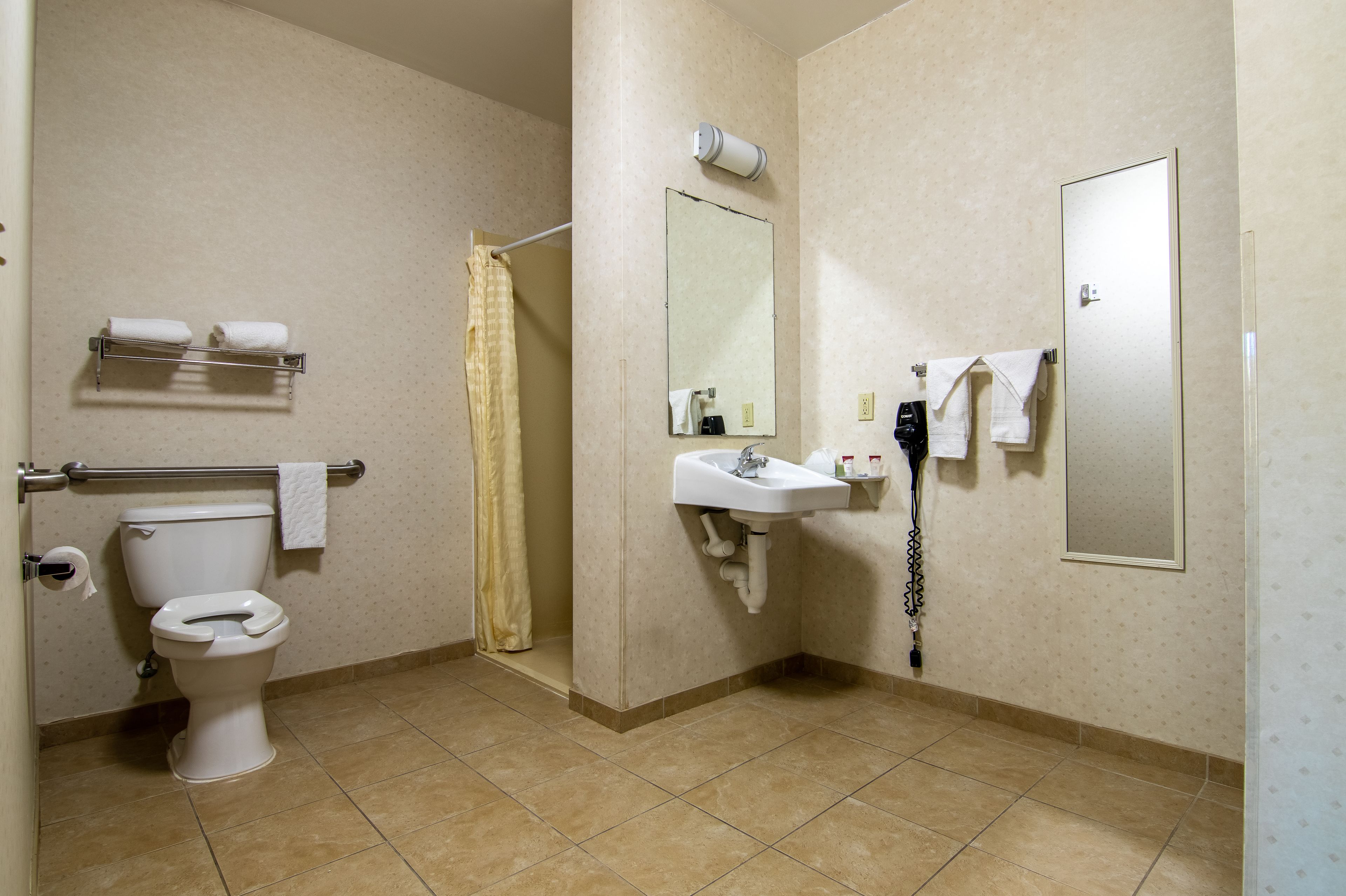 A bathroom with a toilet, a sink, a shower curtain, a towel rack, and a mirror.